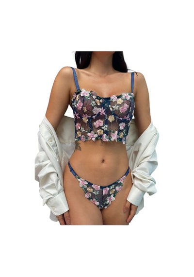 Onsekiz18shop İçi Boş Tül Ten Rengi Nakışlı Çiçekli Büstiyer Takımı