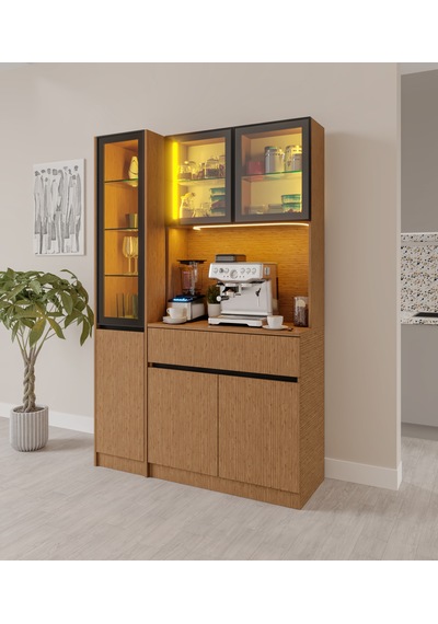 Bambu Midi Sol Vitrinli Komple Mdf Led Aydınlatmalı Kahve Köşesi