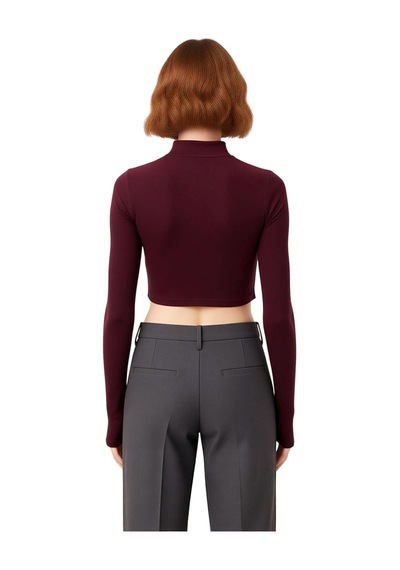 Frm Kadın Fermuarlı Dik Yaka Örme Crop Üst Kaliteli Şık Rahat Modern bordo