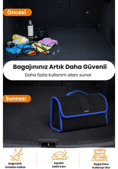 Oto Bagaj Organizer Bagaj Çantası L Boy Kaymaz Cırt Bantlı Velur Kompakt - Siyah Mavi
