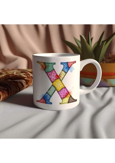X Harfi Renkli Yamalı Tasarım Kupa Bardak - Bohem Patchwork Desenli Kupa - Etnik Hediyelik Beyaz