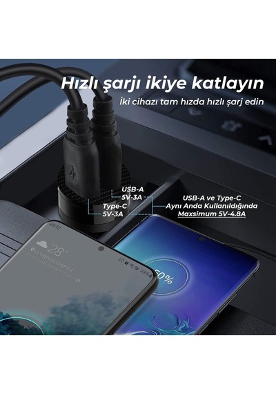Lexroo Bxac65c 65w Pd Type-c & 18w Usb-a Girişli Çift Portlu Hızlı Şarj Özellikli Araç İçi Şarj Standart