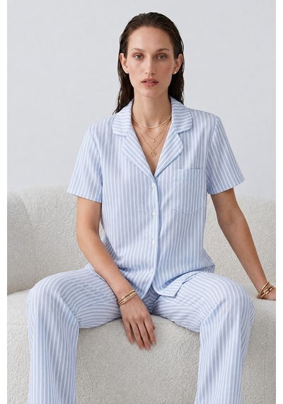 Regular V Yaka Günlük Mavi Pijama Takımı