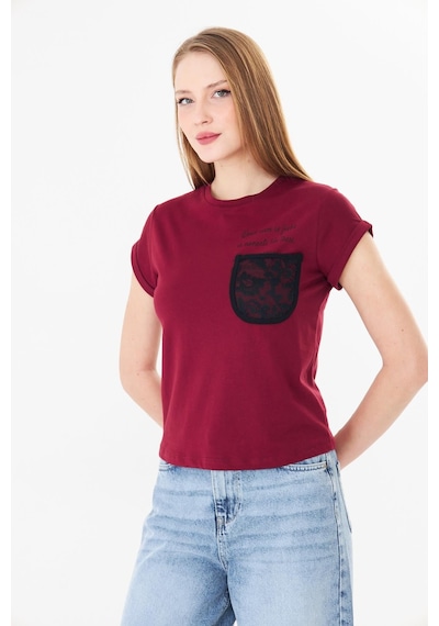 Sortie Collection Dantel Cepli Yazı Baskılı Katlama Kollu Tshirt Bordo