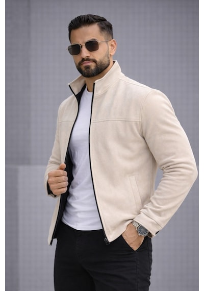 Baselco Slim Fit Dik Yaka Mevsimlik Süet Ceket Krem