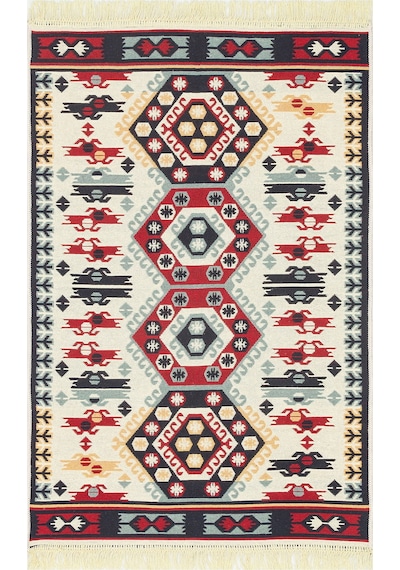Red Cream Yıkanabilir Çift Taraflı Modern Desenli Dokuma Kilim