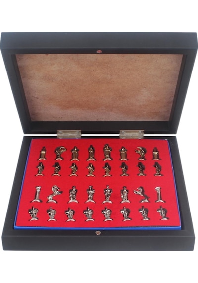 Lüks Sandıklı Metal Satranç Takımı Krom Kaplama Osmanlı Vs Bizans Figürler Mermer Desenli 20 Cm.