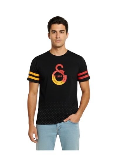 Gsstore Galatasaray Lisanslı Logo Baskılı Siyah T-shirt Bayrak Ve Uv Kutu Siyah