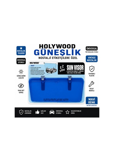 Holywood Mavi Güneşlik Nostalji Universal Araç Güneşliği Etiketçilere Özel