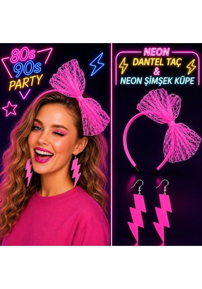 Neon Pembe Dantel Taç Ve Şimşek Küpe 8039ler 9039lar Parti Seti "