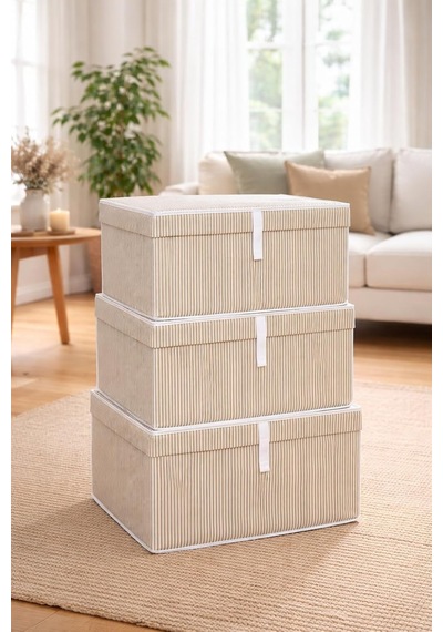 Çok Amaçlı Düzenleyici Kapaklı Sandık Tipi Kutu Hurç Organizer 3 Lü Set Kahverengi, Maxi 50 X