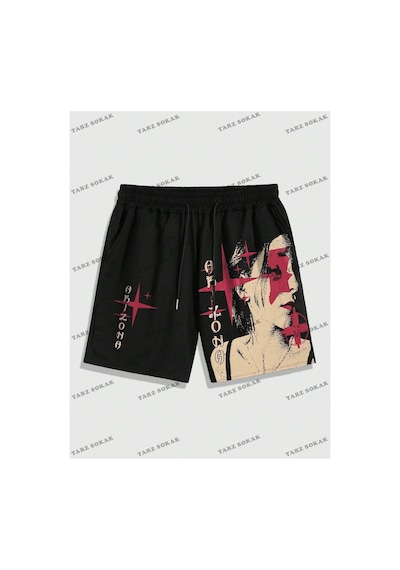 Tarzsokak Y2k Unisex Yaz Şort Bermuda Harajuka Anime Retro Kod-11539 Siyah