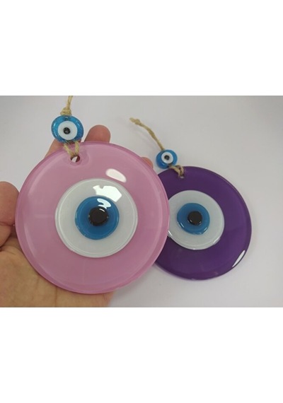 Ikili Set Opak Toz Pembe Ve Mor Nazar Boncuğu 10 Cm El Yapımı Cam