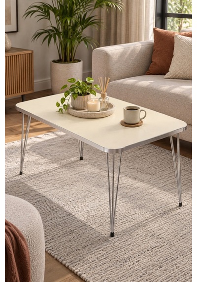 Sulorahome Gümüş Tel Ayaklı Krem Bej Orta Sehpa 90x50 Cm