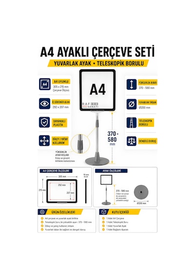 A4 Ayaklı Çerçeve Seti Yuvarlak Tabanlı Teleskopik Fiyat Etiketi Standı Siyah