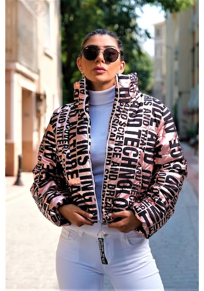 Keyifli Moda Kadın Rose Rengi Parlak Yazılı Dik Yaka Su Geçirmez Kısa Şişme Mo