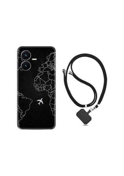 Vivo Y22S Kılıf İpli Boyun Askılı Desenli Silikon Black Plane 1868