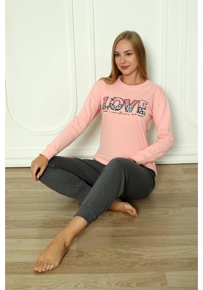 Wordex Fawn 04-3011 İnterlok Kumaş Love Baskılı Kışlık Ev Kadın Pijama Takımı Soft Pembe Wordex Fawn 04-3011 İnterlok Kumaş Love Baskılı Kışlık Ev Kadın Pijama Takımı Soft Pembe