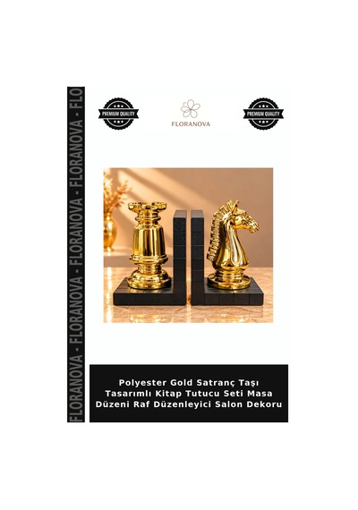 Polyester Gold Satranç Taşı Tasarımlı Kitap Tutucu Seti Masa Düzeni Raf Düzenleyici Salon Dekoru