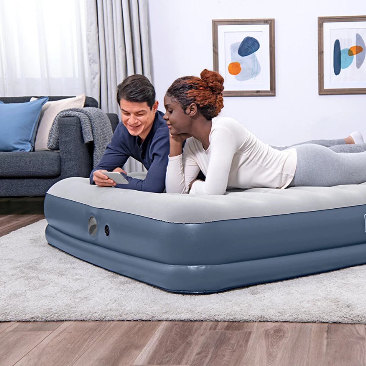 Çift Kişilik Şişme Yatak 203x152x36 Cm Usb Şarjlı Dahili Pompalı Hava Yatağı 300 Kg Taşıma Kapasiteli Gri