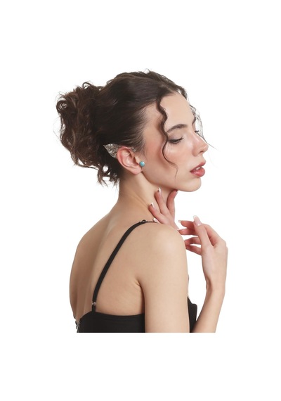 Kadın Gümüş Renk Lak Kaplama Taşlı Dokulu Yaprak Stilizesi Sağ Kulak Earcuff & Kıkırdak Küpe Çok Renkli