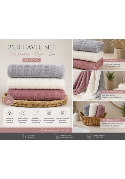 3'lü Pamuklu El Yüz Havlusu Seti 50x90 Cm Yumuşak Dokulu Yüksek Emici Günlük Kullanım Havlu Gri