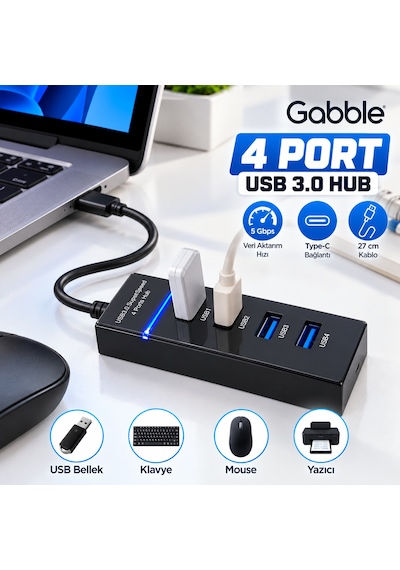 Gabble Type-c Usb 3.0 Hub 4 Port 5gbps 27 Cm Kablolu Led Usb Çoklayıcı