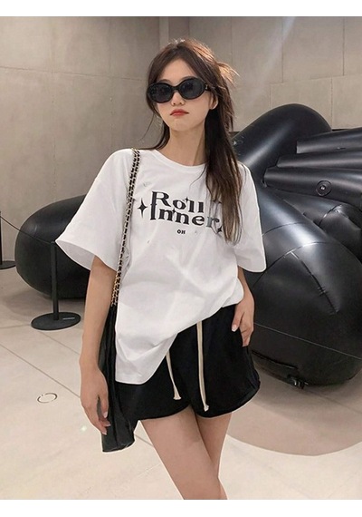 Roll Inner T-shirt - Beyaz Oversize Baskılı Bisiklet Yaka Beyaz