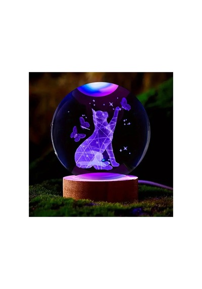 Kişiye Özel Işıklı Ahşap Kaideli Sevimli Kedi Figürlü Temalı Cam Küre 8cm