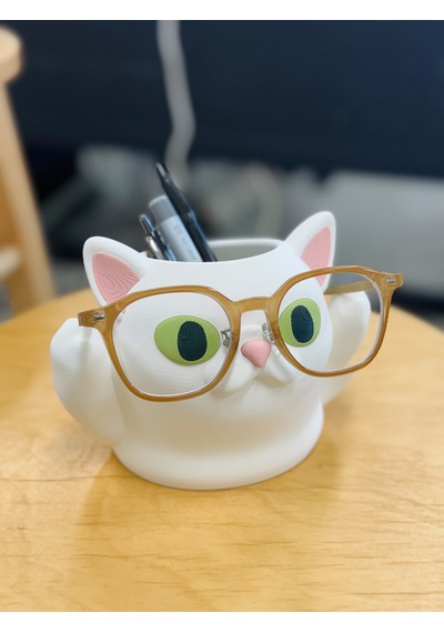 Kedi Tasarımlı Gözlük Ve Kalemlik Standı Çok Amaçlı Masaüstü Organizer 17x12x12cm Beyaz