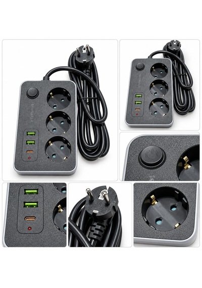 Termal Akım Korumalı Uzatma Kablosu 2 Metre Kablolu 3 Lü Priz 3 Usb Giriş 2.1 A Isıya Dayanıklı Çocuk Koruması 2500watt Ev Ofis