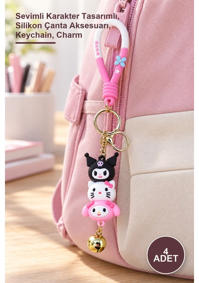 Aksesuar 4 Adet Hello Kitty Silikon Anahtarlık Sevimli Karakter Tasarımlı, Silikon Çanta Aksesuarı, Keychain, Charm Diğer