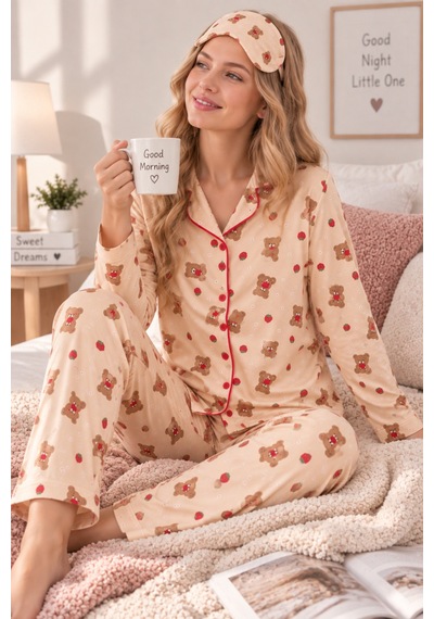 Free Beka Krem Ayıcık Desenli Biye Detaylı Kadın Uzun Kollu Pijama Takımı