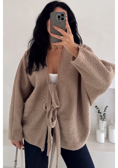 Femelle Vizon Bürümcük Bağlamalı Oversize Hırka Yarasa Kol Standart Beden