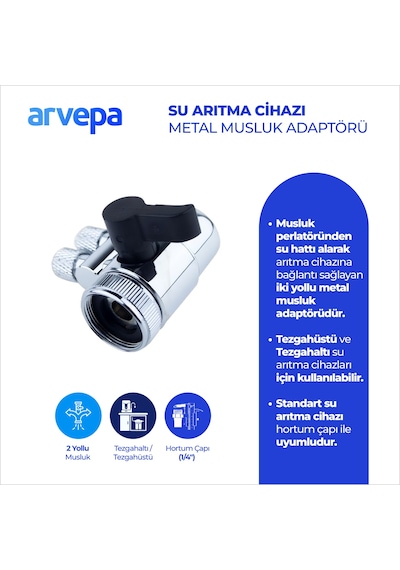 Arvepa Tezgahüstü Su Arıtma Cihazı Metal Musluk Adaptörü - Çift Çıkışlı (1/4" Uyumlu)