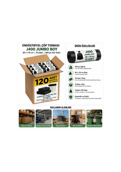 Endüstriyel Jumbo Boy Çöp Torbası Seti 80x110 Cm Siyah - Koli Içi 120 Adet 12 Rulo X 10 Adet Avantajlı Paket