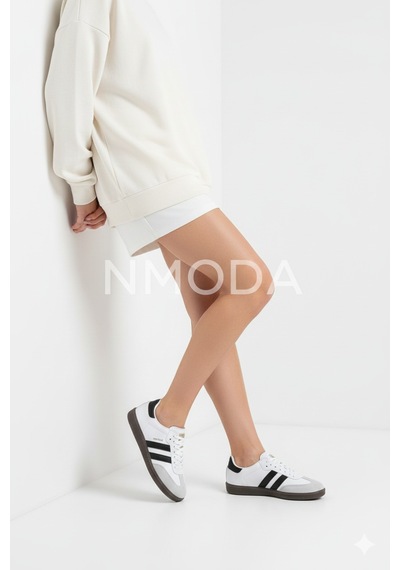 N Moda Unisex Siyah Beyaz Termo Taban Yanı Şeritli Bağcıklı Spor Ayakkabı Beyaz Siyah