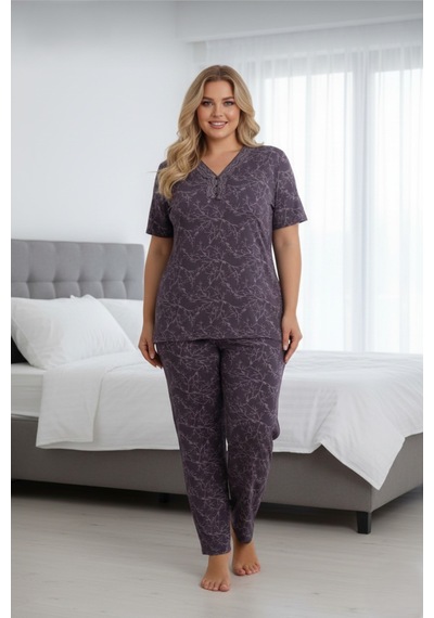 Eyfuze Kadın Büyük Beden Yakası Düğmeli Kısa Kollu Bambu Pijama Takımı Füme