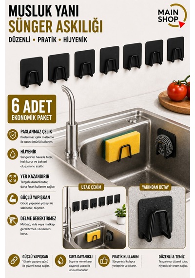 Mainshop Siyah Yapışkanlı Çok Amaçlı Tutucu 6 Lı Set - Bulaşık Süngeri, Mutfak Ve Banyo Askısı M-sng1