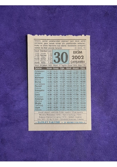 30 Ekim 2002 Takvim Yaprağı - Nostalji Koleksiyonluk Takvim Yaprağı