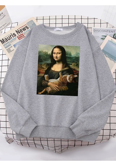 Startmore Startmoret Shirt Mona Lisa Sarılma Kedi Kawaii Kadın Hoodies Moda Rahat Hoodie Boy Gevşek Tişörtü Sıca Gri