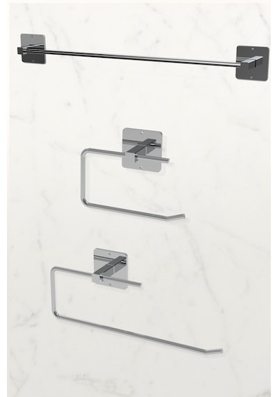 Karteya Yapışkanlı Gümüş Rulo Havluluk Ve Uzun Havluluk Wc Kağıtlık Banyo Mutfak 3'lü Set Krom