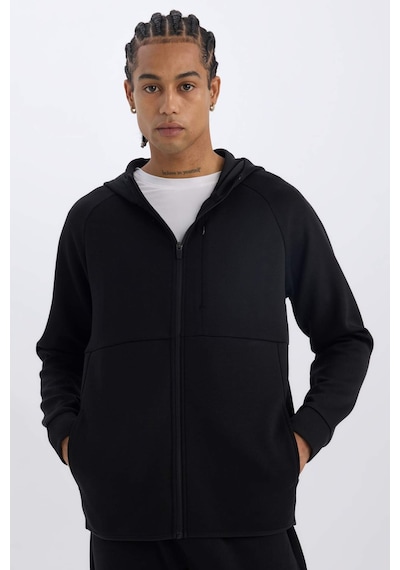 DeFactoFit Slim Fit Dar Kesim Kapüşonlu Skuba Dalgıç Kumaş Fermuarlı Sporcu Sweatshirt A6956AX25SPBK81