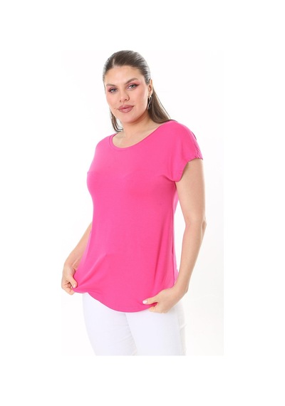 Şans Kadın Büyük Beden Neon Pembe Bisiklet Yakalı Düşük Kollu Bluz 65n37706-neon Pembe Neon Pembe