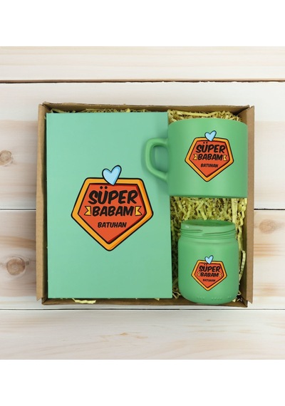 Bk Gift Kişiye Özel Dtf The Baba Temalı Yeşil Defter + Kahve Fincanı + Mum Seti 1