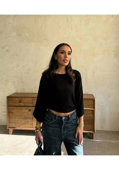 Defymoda Kadın Kayık Yaka Yarasa Kol Dökümlü Kısa Bluz Siyah