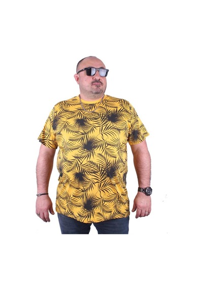 Starbattal Büyük Beden Sıfır Yaka Tişört Palm Leaf 23148 Sarı-Sarı Çok Renkli