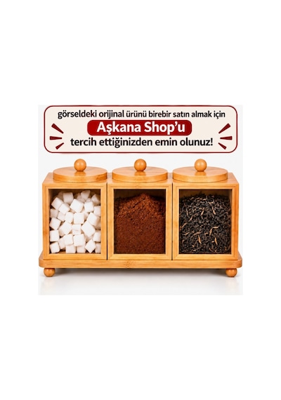 3 Lü Doğal Bambu Baharatlık Çay Şeker Kahve Saklama Kabı Stand Tepsili Kapaklı Mutfak Organizer Seti Kahverengi