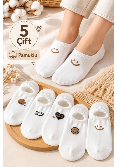 Hitit Socks Kadın 5 Çift Gülen Surat Desenli Günlük Kullanıma Uygun Babet Çorap Asorti