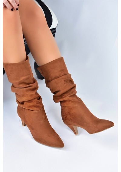 Fox Shoes Taba Süet Kısa Topuklu Büzgülü Kadın Bot L404810602
